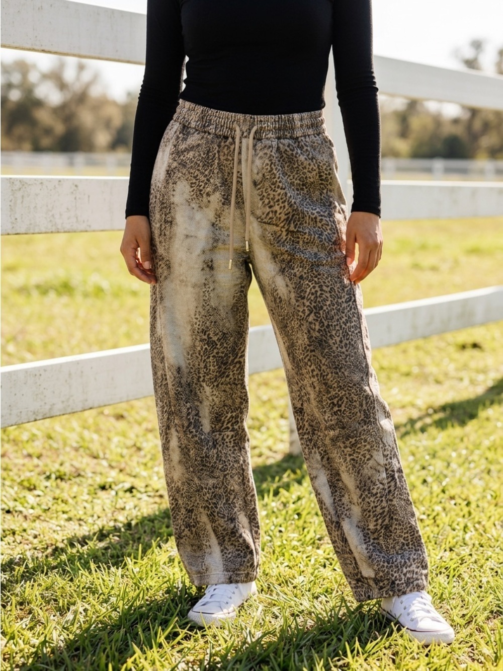 DAVI & DANI NWT Washed Out Leopard Print Drawstring Taupe Ballon Denim Pants my